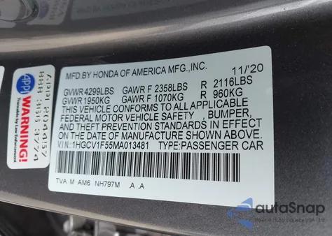 2021 Honda Accord Ex-L z USA, uszkodzony, nr VIN 1HGCV1F55MA013481